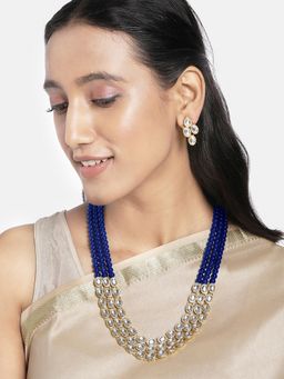 Peora - Blue Faux Pearl and Kundan Studded Long Necklace with Earrings