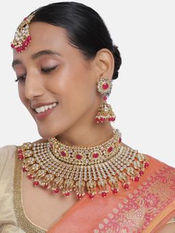 Peora - Rani Pink Stones Beads and Kundan Choker Necklace Earrings and Maang Tikka
