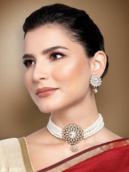 Peora - Kundan and White Faux Pearls Studded Choker Necklace Set