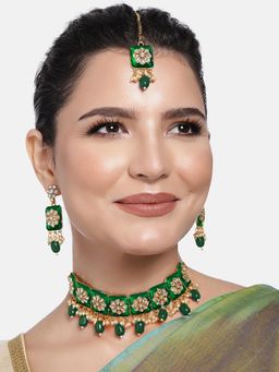 Peora - Green Meenakari Enamel with Green Faux Pearl Choker Necklace Earrings Maang Tikka Set