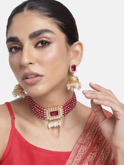 Peora - Rani Pink Crystals, Faux Pearls and Kundan Studded Necklace Earrings