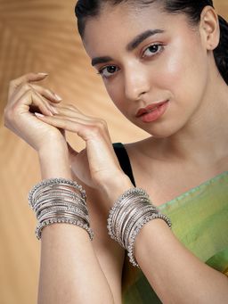 Peora - Antique Oxidised Silver Plated Traditional Bangle (Set of 10) (2.8)