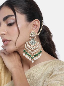 Peora - Green Beads and Kundan Pearl Dangling Earrings with Chain for Women