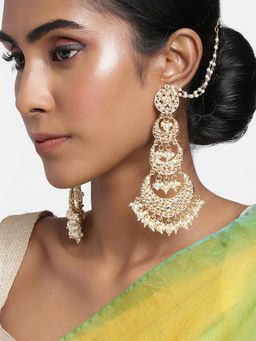 Peora - Kundan Pearl Studded Long Chand Bali Earrings for Women Traditional Jewellery