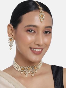 Peora - Pearl and Champagne Color Stones Studded Choker Necklace with Earrings Maang Tikka