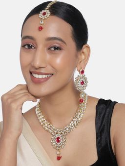 Peora - Indian Kundan Rani Pink Necklace Earrings Maang Tikka Set