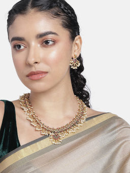 Peora - Gold Plated Traditional Red Green Beads Studded Long Necklace Drop Earrings Set