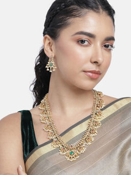 Peora - Gold Plated Traditional Red Green Beads Studded Long Necklace Drop Earrings Set