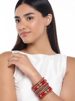 Peora - Red Silk Thread Kundan Studded Red Bangle (Set of 18) (2.8)