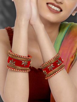 Peora - Red Velvet and Stones Studded Bangle (Set of 18) (2.6)