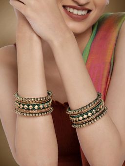 Peora - Green Silk Thread and Kundan Stones Studded Bangle (Set of 18)