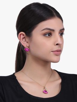 Peora - Gold Plated Swan Pink Crystal Pendant Necklace with Earrings Set