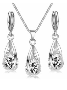 Peora - Silver Plated AD Studded Pendant Chain Necklace and Drop Earrings Set