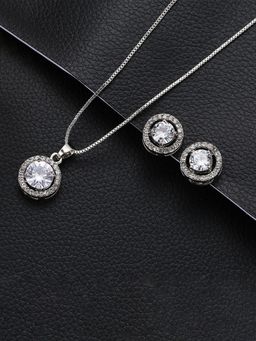 Peora - Silver Plated AD Studded Pendant Chain Necklace and Stud Earrings Set