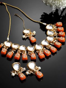 Karatcart - Gold Plated Orange Tumble Studded Polki Kundan Choker Necklace Set (Set of 3)