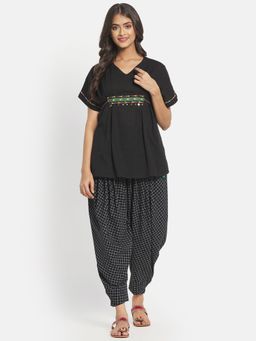 Fabindia - Black Embroidered V-Neck Printed Cotton Salwar (Set of 2)