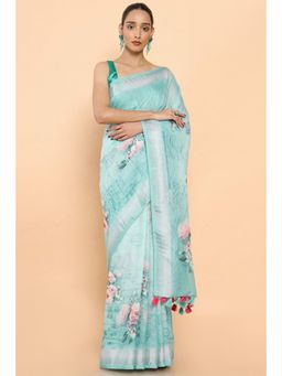 Soch - Women Green Linen Floral Saree with Unstitched Blouse