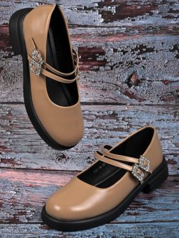Jove - Women Khaki Solid Mary Jane Ballerinas Khaki