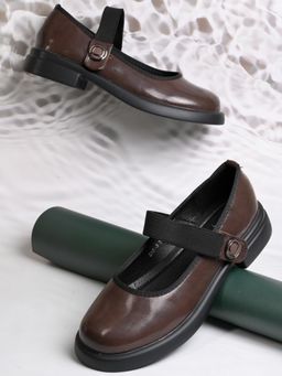 Jove - Women Brown Solid Mary Jane Ballerinas Brown