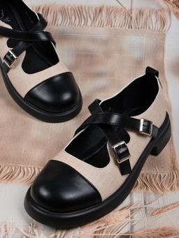 Jove - Women Beige Colourblock Mary Jane Ballerinas Beige