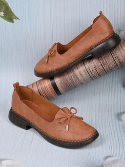 Jove - Women Camel Solid Bow Loafers Brown