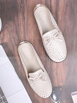 Jove - Women Beige Perforated Bow Mules Beige