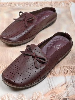 Jove - Women Maroon Perforated Bow Mules Maroon