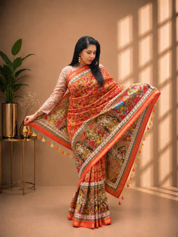 Shobitam - Ashta Ganapathi Kalamkari Digital Print Silk Linen Saree With Unstitched Blouse