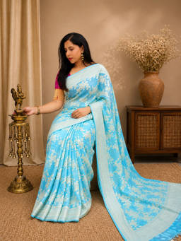 Shobitam - Cyan Pure Georgette Silk Banarasi Saree With Unstitched Blouse