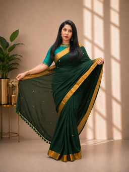 Shobitam - Deep Forest Green Bengal Cotton Saree With Unstitched Blouse