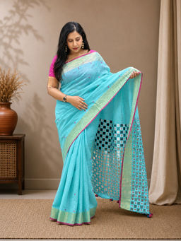 Shobitam - Jaali Pallu Linen By Linen Mirror Work Saree With Unstitched Blouse
