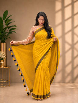 Shobitam - Mustard Yellow Tissue Linen Saree With Unstitched Blouse
