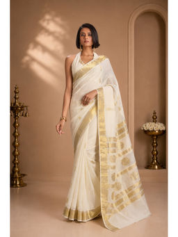 Shobitam - Off White Kerala Kasavu Cotton Saree With Unstitched Blouse
