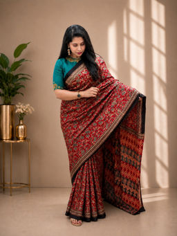 Shobitam - Red Ajrakh Hand Block Print On Modal Silk Saree With Unstitched Blouse