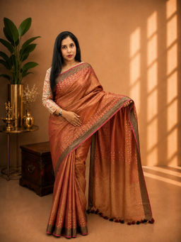 Shobitam - Rust Brown Tissue Linen Saree With Unstitched Blouse