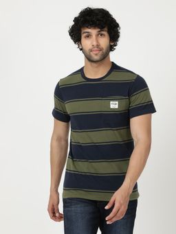 Wrangler - Men Striped Blue T-Shirt (Regular)