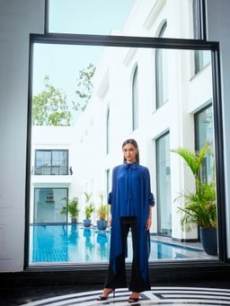 LABEL RUHBAB - Premium Silk Georgette Draped 3D Organza Feather & Crystal Embroidery Top