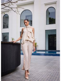 LABEL RUHBAB - Hand Embroidered Pearls Halter Top and Pant (Set of 2)