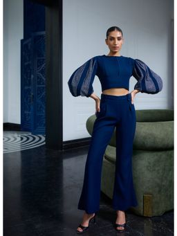 LABEL RUHBAB - Draped Panelled Balloon Sleeves Crop Top and Pant (Set of 2)