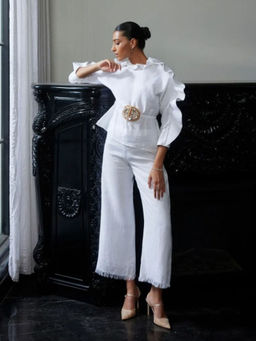 LABEL RUHBAB - Draped Elaborate Ruffle Top and Pant (Set of 2)