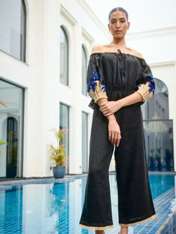 LABEL RUHBAB - 3D Jute Thread & Crystal Embroidery Top and Pant (Set of 2)