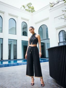 LABEL RUHBAB - Sequin Jute Hand Embroidery Linen Halter Top and Pant (Set of 2)