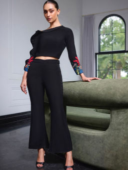 LABEL RUHBAB - Black Drop Shoulder Top and Pant (Set of 2)