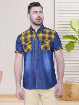 KUONS AVENUE - Men Denim Half Sleeve Checks Shirt