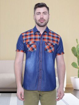 KUONS AVENUE - Men Denim Half Sleeve Checks Shirt
