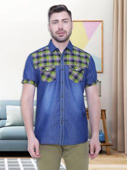 KUONS AVENUE - Men Denim Half Sleeve Checks Shirt