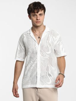 Campus Sutra - Men Chalk White Textured Oversized Shirt