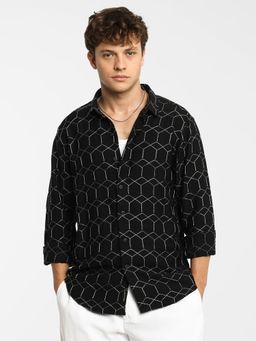 Campus Sutra - Men Midnight Black Hexagon-Embroidered Oversized Shirt