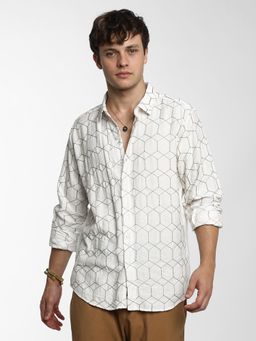 Campus Sutra - Men Khaki Off White Hexagon-Embroidered Oversized Shirt