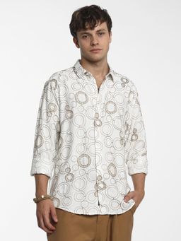 Campus Sutra - Men Khaki Off White Circular-Embroidered Oversized Shirt